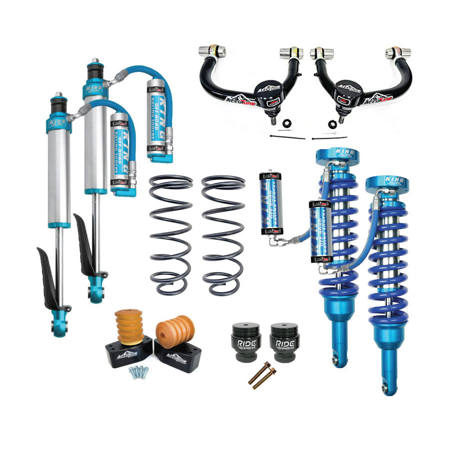 4Runner lift kit from AccuTune Offroad. This stage 3 suspension kit includes King 2.5 coilovers in front and King 2.5 shocks in the rear. Rear Eibach springs and AccuTune Offroad bump stops and spacers are also included. Upper control arms in this kit are made by Accutune Offroad. This complete kit is a excellent suspension system for any overlander enthusiast that also daily drives their 4Runner, GX460, GX470 or FJ Cruiser.