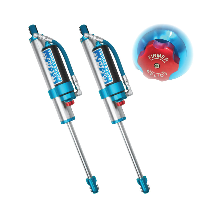 a pair of blue and silver King 2.5 Shocks with remote reservoirs and compression adjusters from AccuTune Offroad