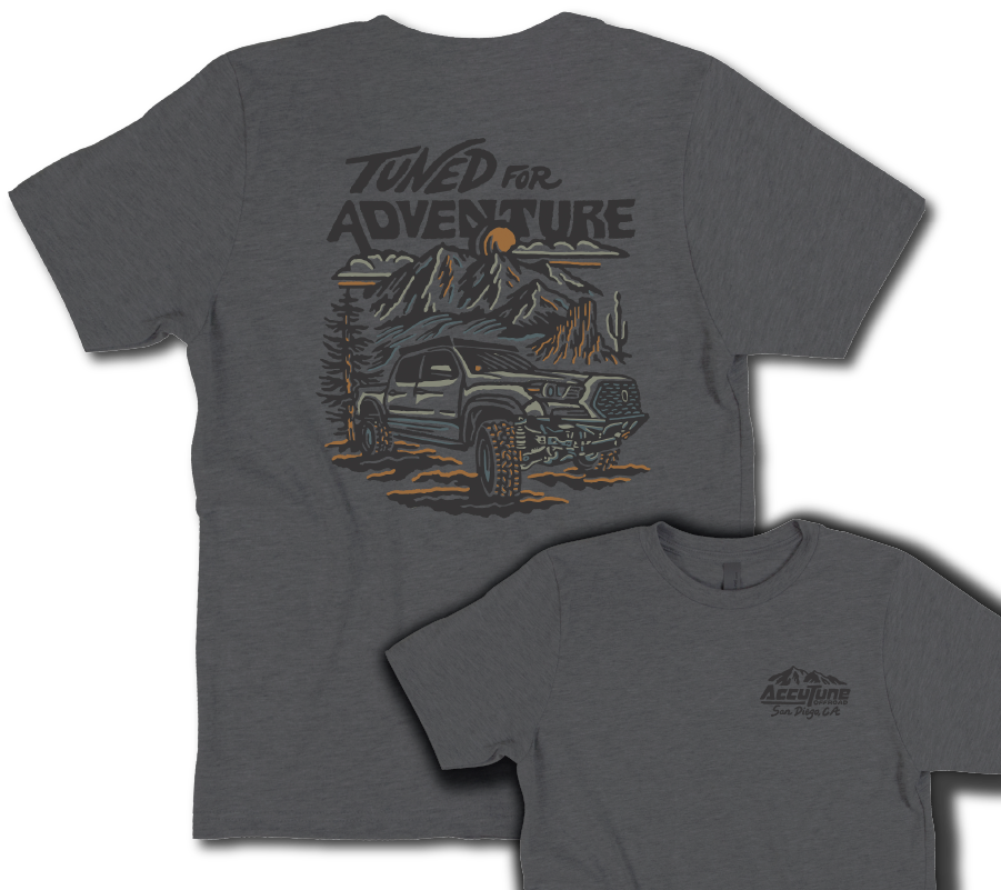 AccuTune Off-Road T-Shirt with Tuned For Adventure design on back. Art by Rayco Design
