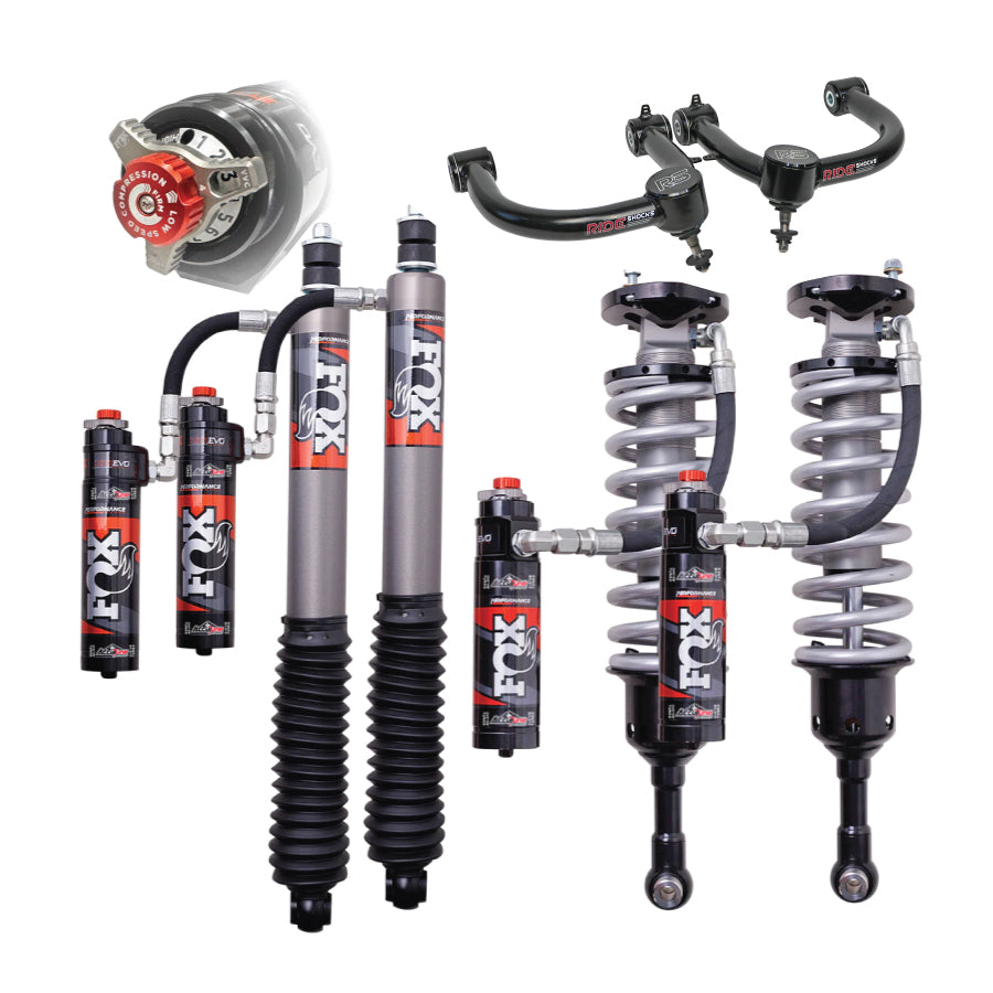 Suspension lift kit for 2024 Toyota Tacoma with Fox Shocks and Dirt King Upper Control arms.
