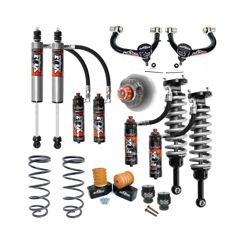 4Runner lift kit from AccuTune Offroad. This stage 3A suspension kit includes Fox 2.5 performance elite series coilovers with DSC adjusters in front and Fox 2.5 performance elite series shocks with DSC adjusters in the rear. Rear Eibach springs and AccuTune Offroad bump stops and spacers are also included. Upper control arms in this kit are made by Accutune Offroad. This complete kit is a excellent suspension system for any overlander enthusiast that also daily drives their 4Runner, GX460, GX470 or FJ Cr...