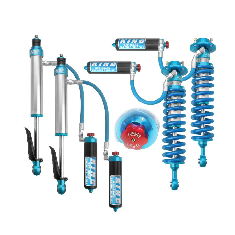 King 2.5 coilovers and rear shocks with compression adjusters fro 2024 Toyota Land Cruiser 250. Land Cruiser 250 King Shocks custom tuned by AccuTune Offroad.