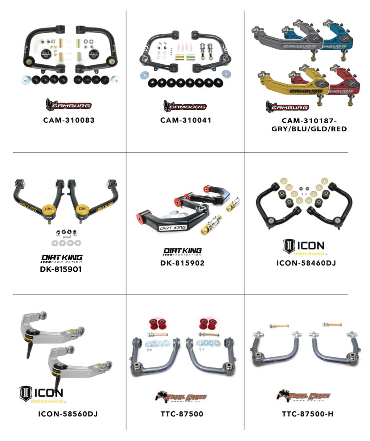 Toyota Tundra upper control arm options from AccuTune Offroad. Options include brands like Camburg, Dirt King, Icon and Total Chaos. Toyota Tundra UCA are necessary for lifted applications and will help bring alignment back into factory specs.