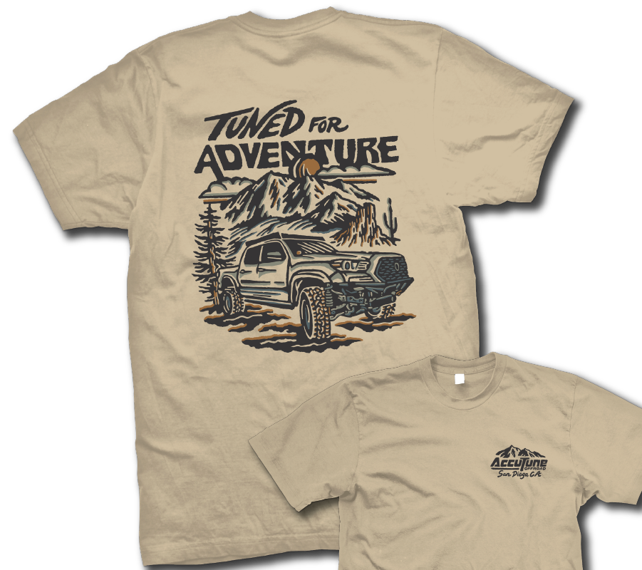 AccuTune Off-Road T-Shirt with Tuned For Adventure design on back. Art by Rayco Design