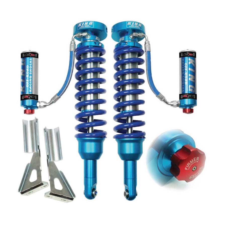 Pair of King 2.5 coilover shocks with remote reservoirs and compression adjusters