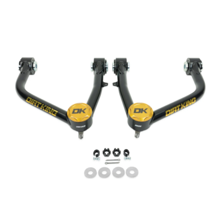 Dirt King upper control arms for Toyota Tundra. These tubular steel upper control arms feature moog ball joints, urethane bushings and ball joint cap. Aftermarket upper control arms are necessary to fix alignment for lifted applications.