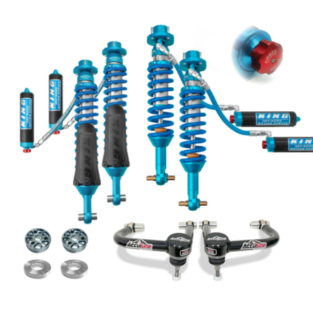 King Coilovers with compression adjusters custom tuned by AccuTune Offroad. This front and rear king shock package includes upgrades to improve ride quality both on and off-road. This suspension upgrade package is complete with upper control arms from AccuTune Offroad.