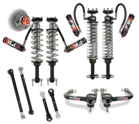 Custom tuned fox coilover suspension system from AccuTune Offroad. This stage 2 kit includes front and rear fox coilovers with DSC adjusters with custom valving inside. This stage kit is complete with a pair of accutune offroad upper control arms that allow for larger tires and proper alignment for lifted applications. This kit also includes rear upper and lower control arms from icon.