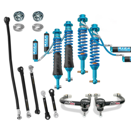 Bronco King Coilovers from AccuTune Offroad come tuned for better performance both on and offroad. This complete Bronco suspension kit includes upgrades like an Accutune Offroad upper control arm designed to fit large tires and factory alignment specs for lifted applications. Rear control arms and track bar included in this kit are made by Icon.