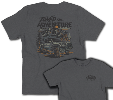 AccuTune Off-Road T-Shirt with Tuned For Adventure design on back. Art by Rayco Design