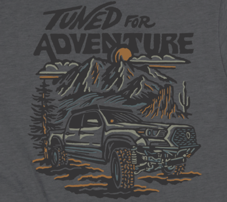 AccuTune Off-Road T-Shirt with Tuned For Adventure design on back. Art by Rayco Design