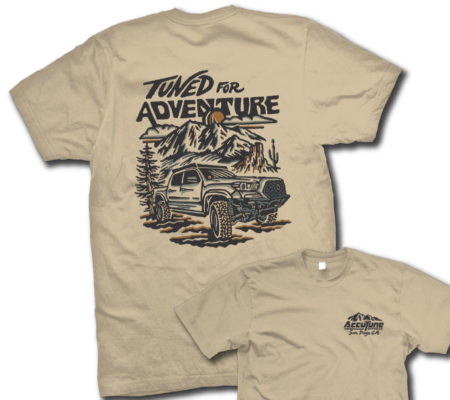 AccuTune Off-Road T-Shirt with Tuned For Adventure design on back. Art by Rayco Design