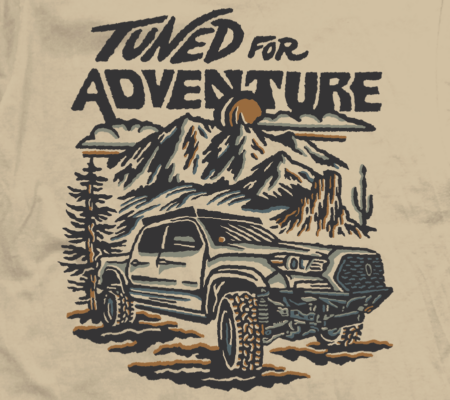 AccuTune Off-Road T-Shirt with Tuned For Adventure design on back. Art by Rayco Design