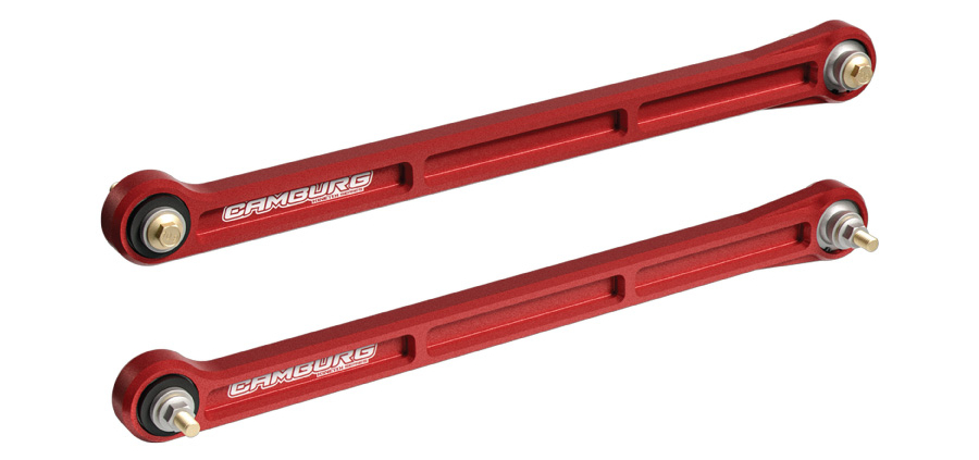 Camburg billet rear lower control arms with red anodizing.