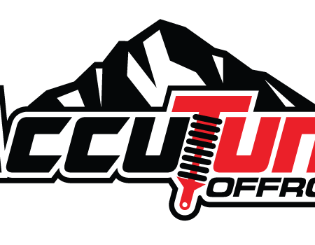 accutune offroad logo with black and red text. black and white mountain in the background with the T being an offroad suspension shock