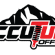 accutune offroad logo with black and red text. black and white mountain in the background with the T being an offroad suspension shock