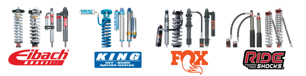 groups of shocks from Eibach, King, Fox and Ride Shocks