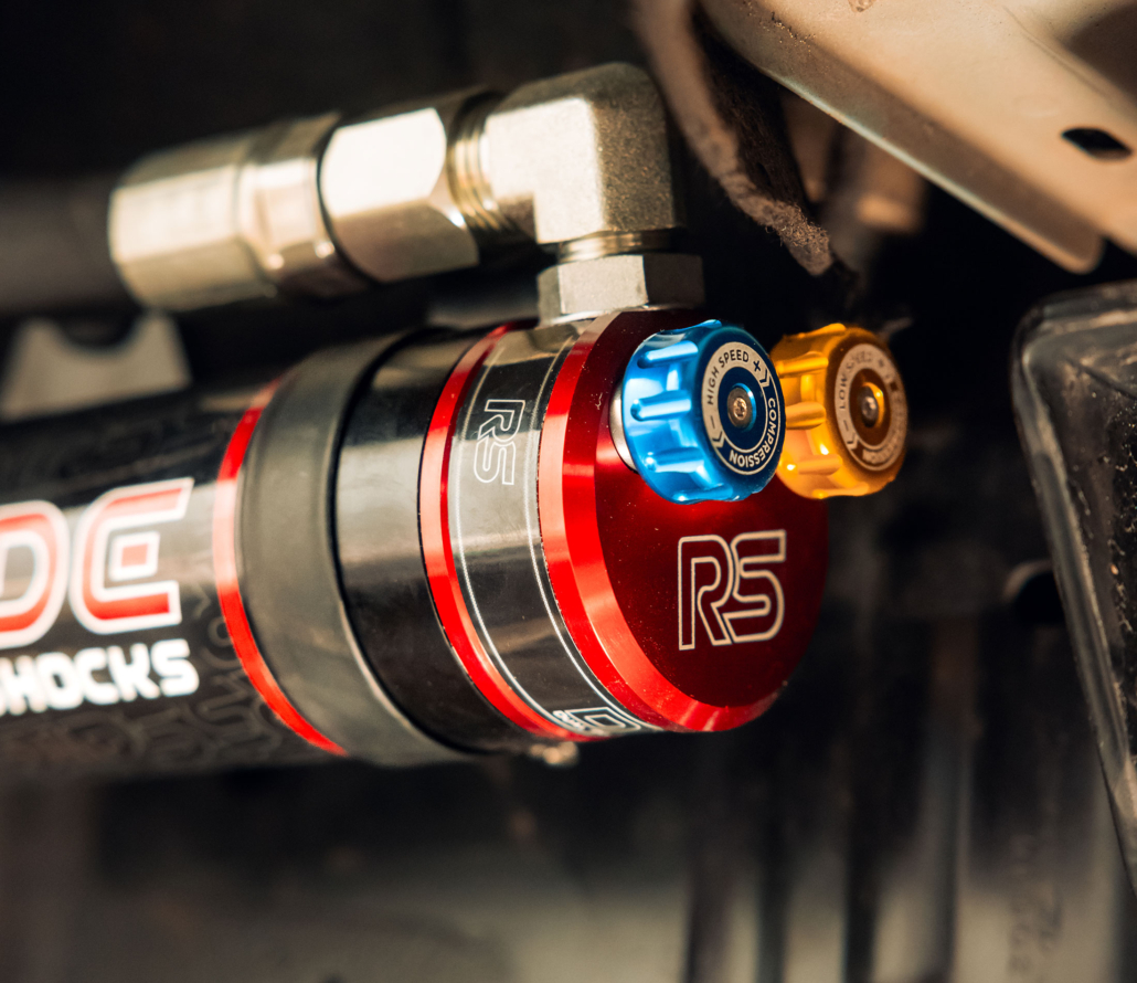 Close up view of Ride Shocks DPA adjuster on a coilover shock